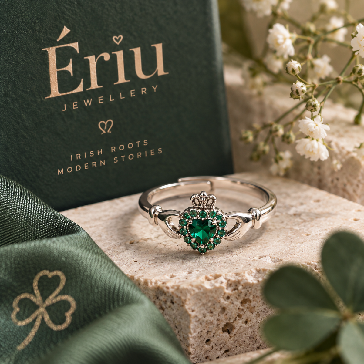 Emerald Claddagh Adjustable Ring