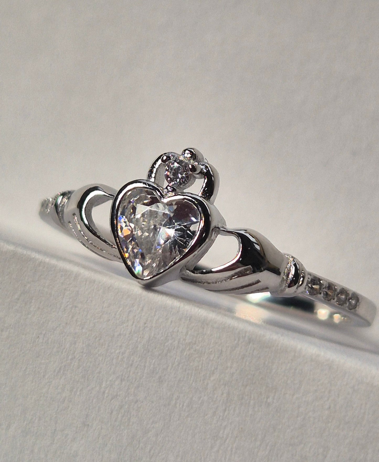 White Zircon Claddagh Ring Sterling Silver