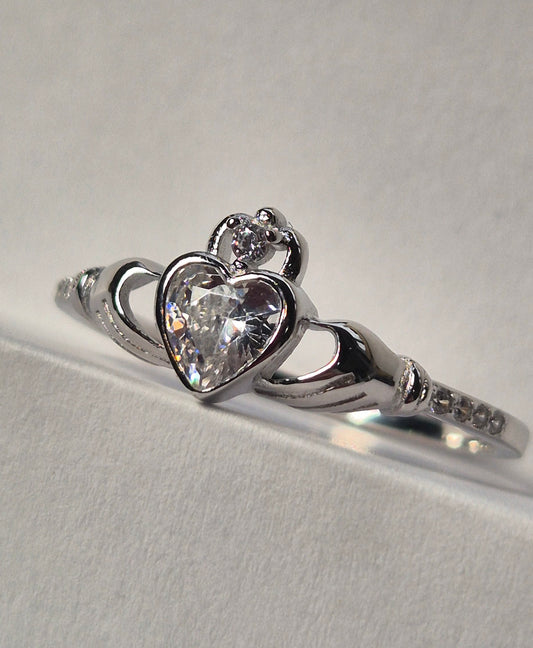 White Zircon Claddagh Ring Sterling Silver