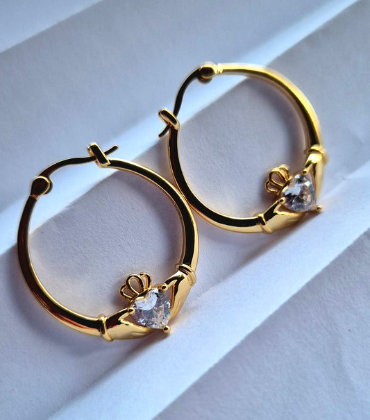 Sterling Silver Claddagh Hoops - Clear Zircon Heart